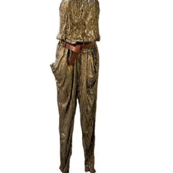 Michael Kors STUNNING Gold Sequin Strapless Jumpsuit w/Removable Belt M NWT $300 - Picture 4 of 16